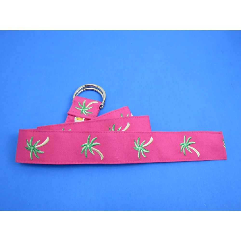 Talbots Women Pink Palm Tree Belt Adjustable D-Ring Embroidered Tropical